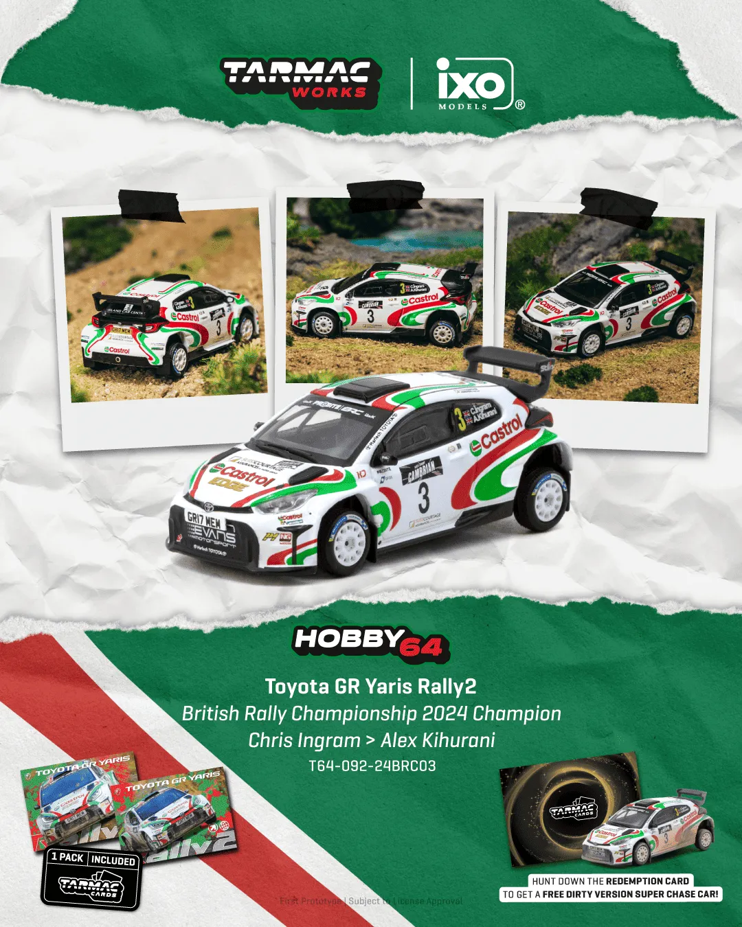 Tarmac Works Toyota GR Yaris Rally2 – British Rally Championship 2024 Champion – Chris Ingram / Alex Kihurani Combo set with 2 Tarmac Cards T64-092-24BRC03